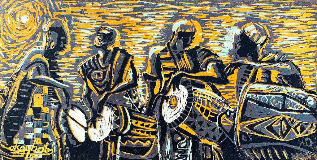 Four Drummers - Blue - Woodcut Original