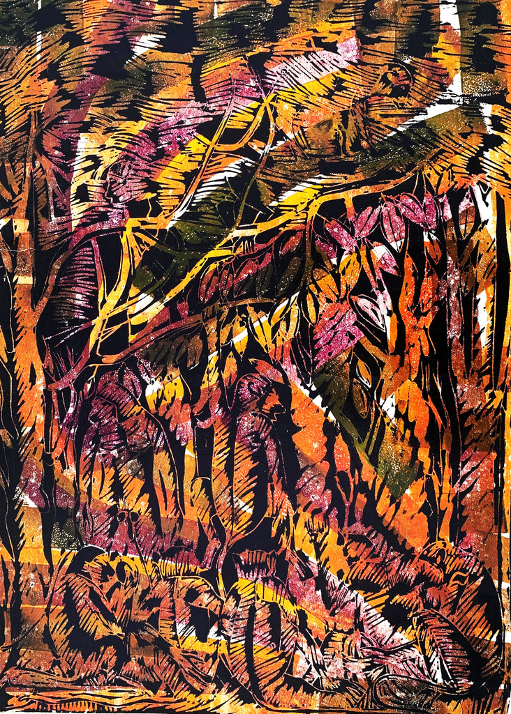 Monkeys in the Jungle - Woodcut Original