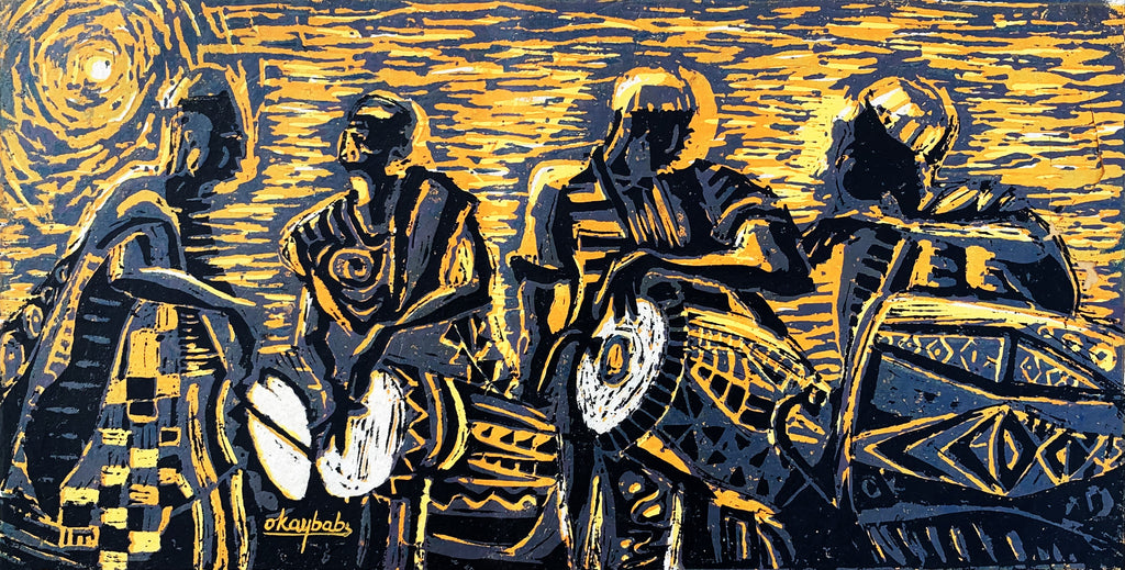 Four Drummers - Yellow - Woodcut Original